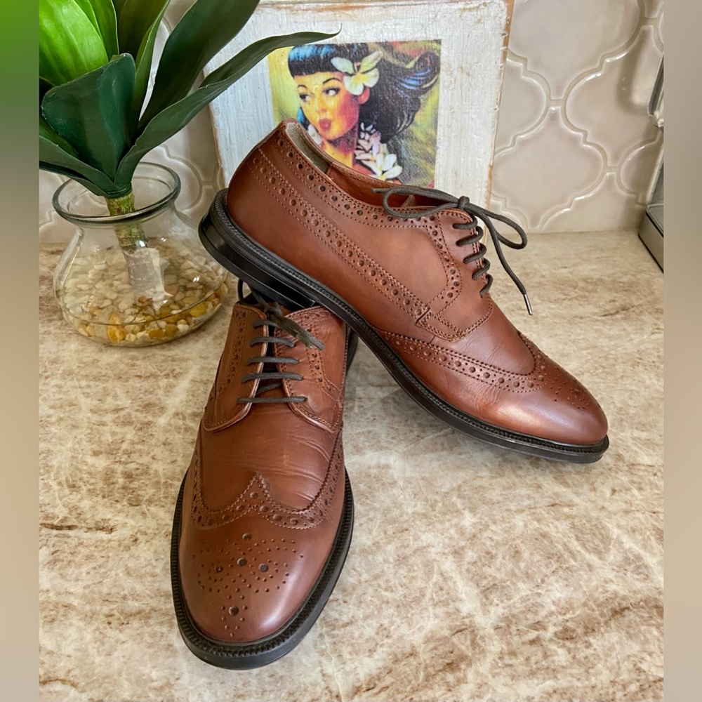 🌀 MENS STAFFORD WINGTIP LEATHER DRESS SHOES BROWN - WORN ONE TIME 🌀